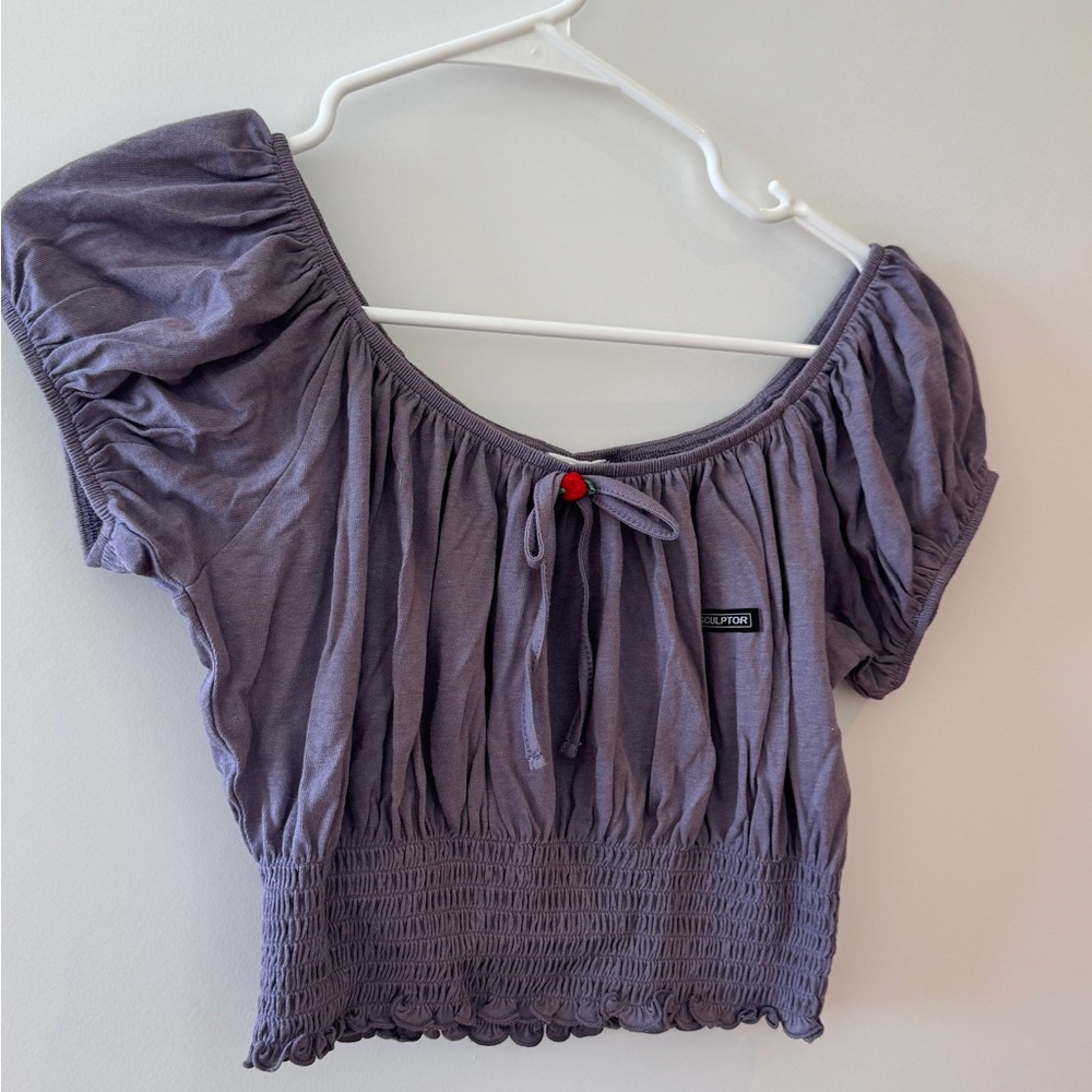 Sculptor Purple Puff Sleeve Smocked Blouse
